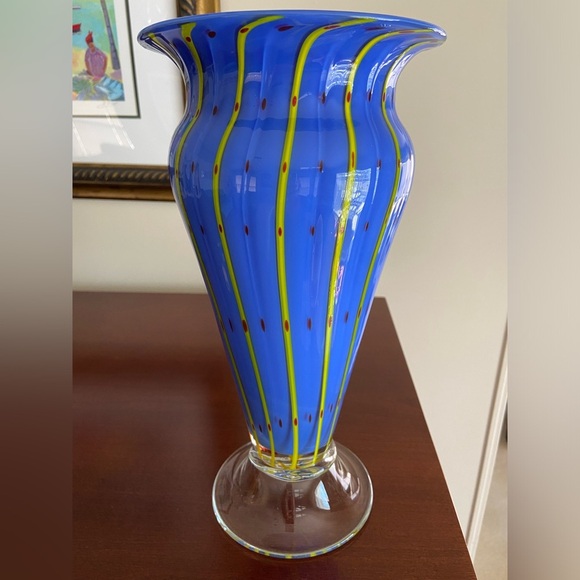 Gorgeous Cased Blue Vase w/ Yellow Pin Stripes Red Hand Blown Pontil Art Glass - Picture 2 of 12